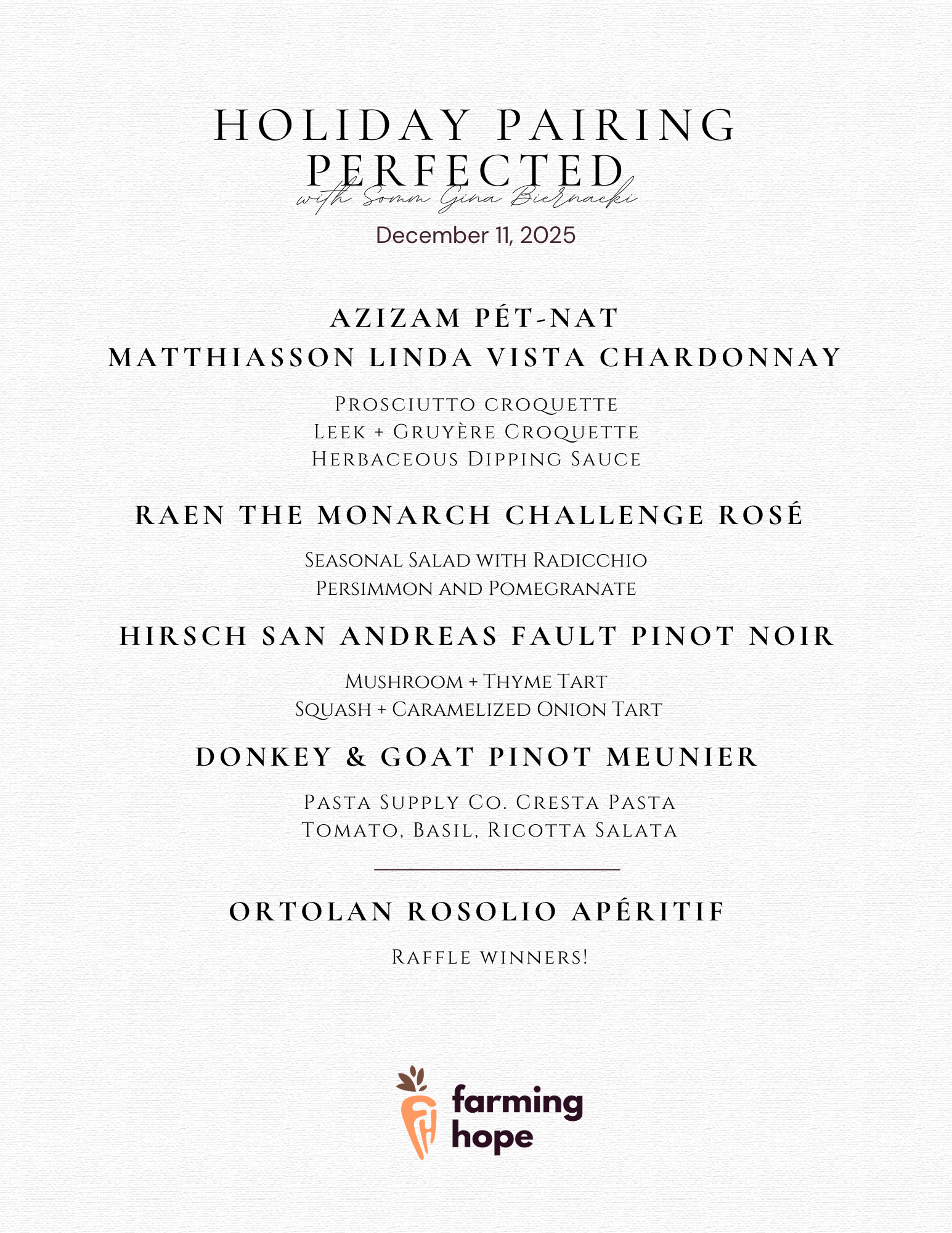 Holiday pairing menu